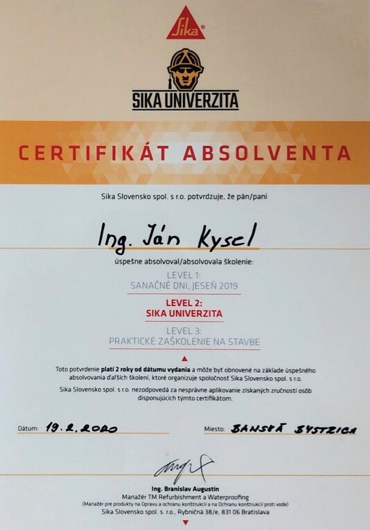 Certifikát o absolvovaní školenia Sika.