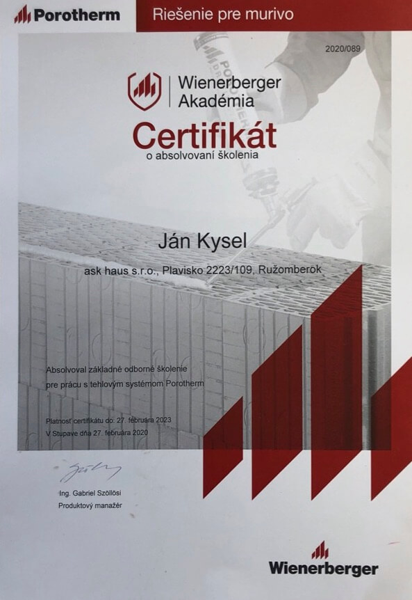 Certifikát o absolvovaní školenia Wienerberger.